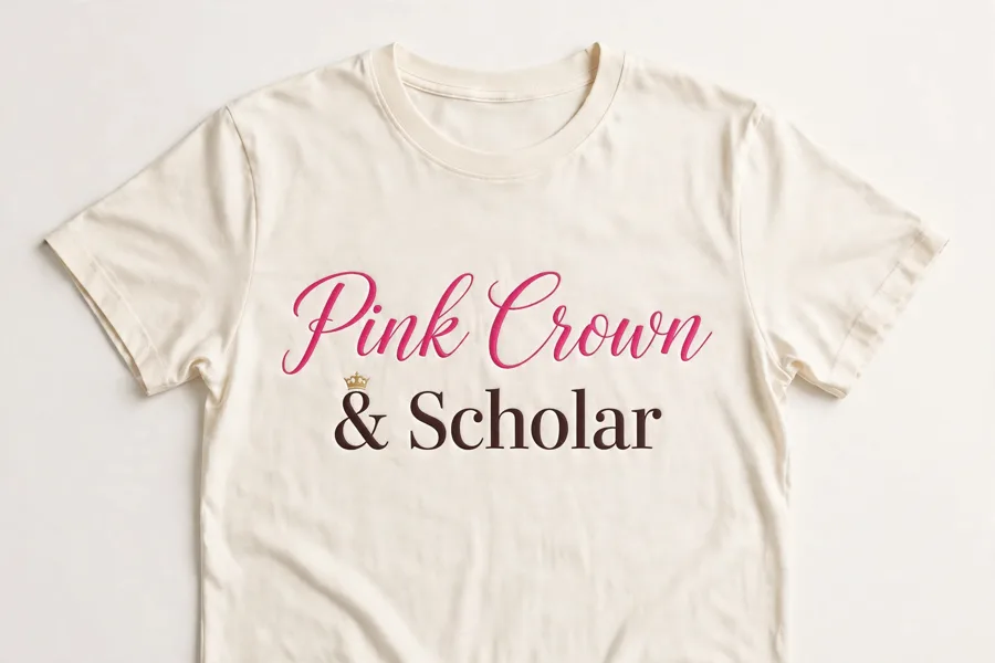 Pink Crown and Scholar Script Logo Tee in natural cream