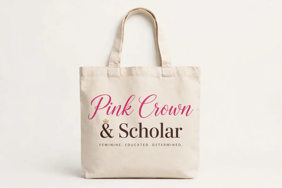 Pink Crown and Scholar Script Tote in natural cotton